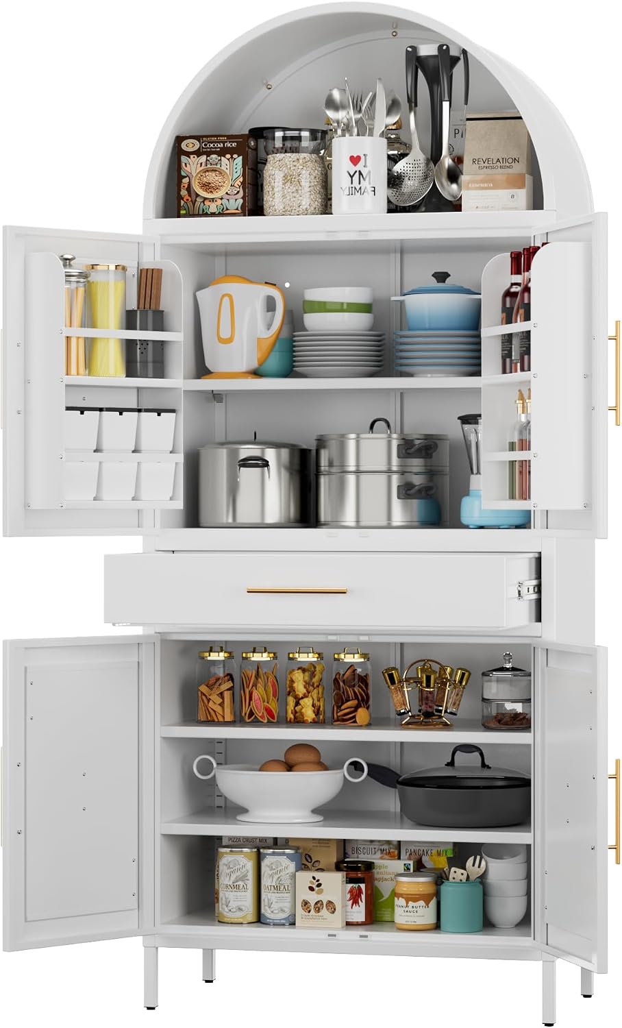 73”H Metal Arched Kitchen Pantry Cabinet with 1 Drawer, Farmhouse Pantry Cabinet with 4 Doors and 3 Adjustable Shelves for Kitchen, Dining Room, White