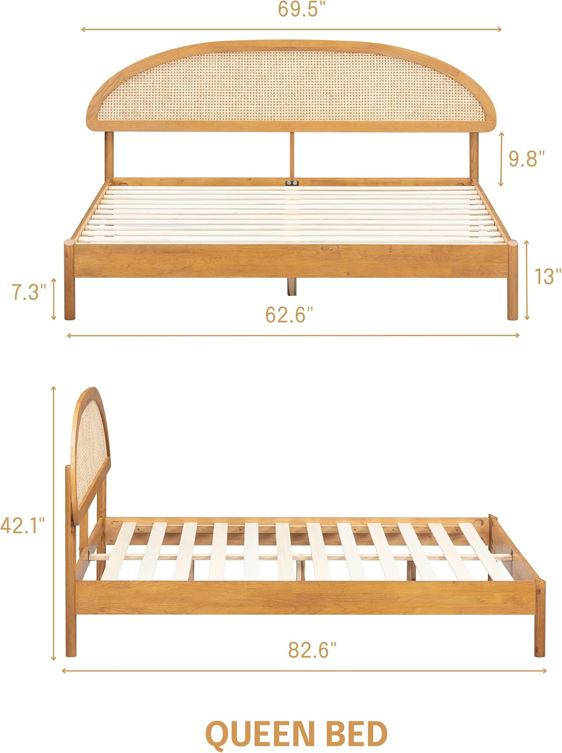 NTC Gem Wooden Bed Frame with Headboard and Natural Rattan, Solid Oak/Rubber Wood Foundation with Silent Slats, 1000 Lb Capacity, Effortless Assembly (Natural Cane - Rustic Oak, Queen)