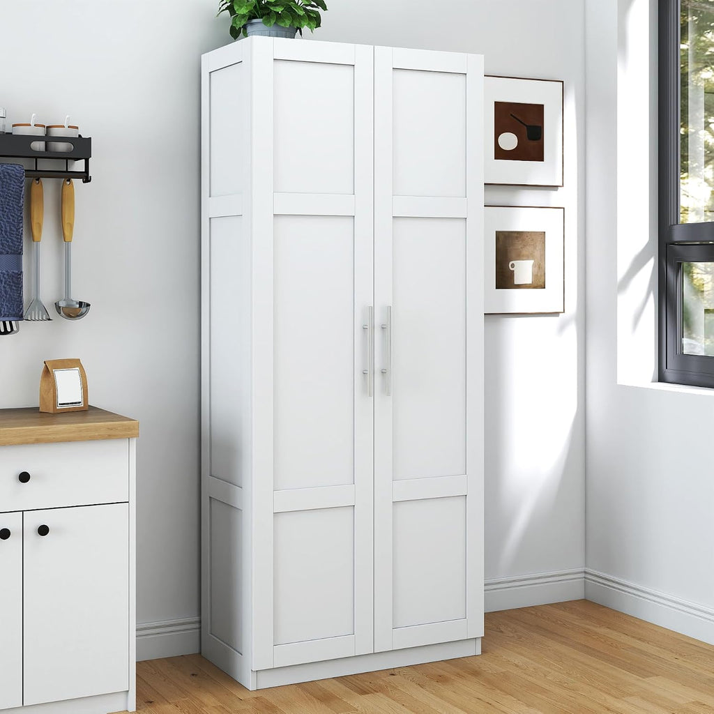 Kitchen Pantry Storage Cabinets, 70.87" Tall Pantry Cabinet with 2 Door and 3 Shelves, Farmhouse Kitchen Cabinets with Handles, Large Freestanding Storage Cabinet, White