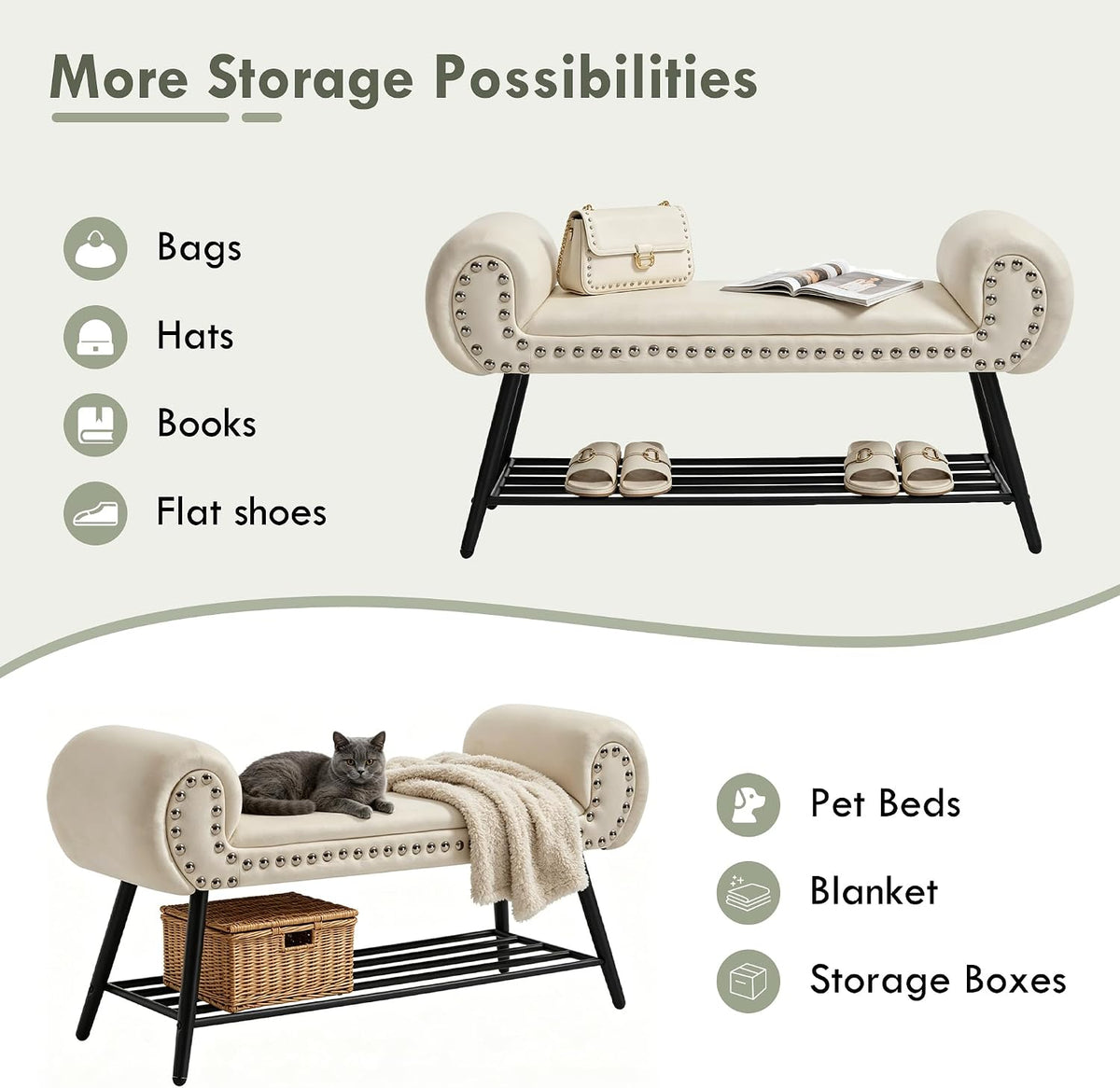 45" Entryway Bench with Shoe Storage，Modern Bedroom Velvet Fabric Upholstered with Stable Metal Frame and Solid Shelf for Bedroom, Living Room，Foyer, 330LB, Cream