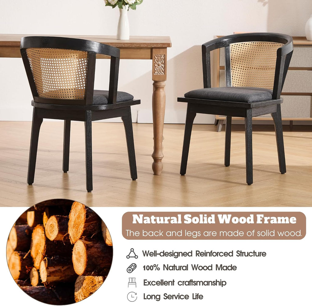 CIMOTA Set of 4 Black Rattan Wood Dining Chairs Mid-Century Modern Upholstered Dining Room Chairs Barrel Cane Back Accent Side Chair for Kitchen/Cafe/Bistro, Linen Charcoal