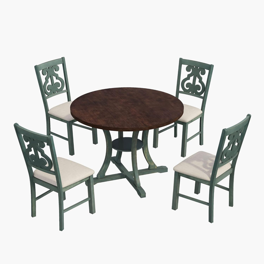 Merax 5 Piece Round Dining Table Set 4 Retro Chairs with Special-Shaped Table Legs, Designed Hollow Chair Back for Dining Room, Antique Blue