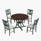 Merax 5 Piece Round Dining Table Set 4 Retro Chairs with Special-Shaped Table Legs, Designed Hollow Chair Back for Dining Room, Antique Blue