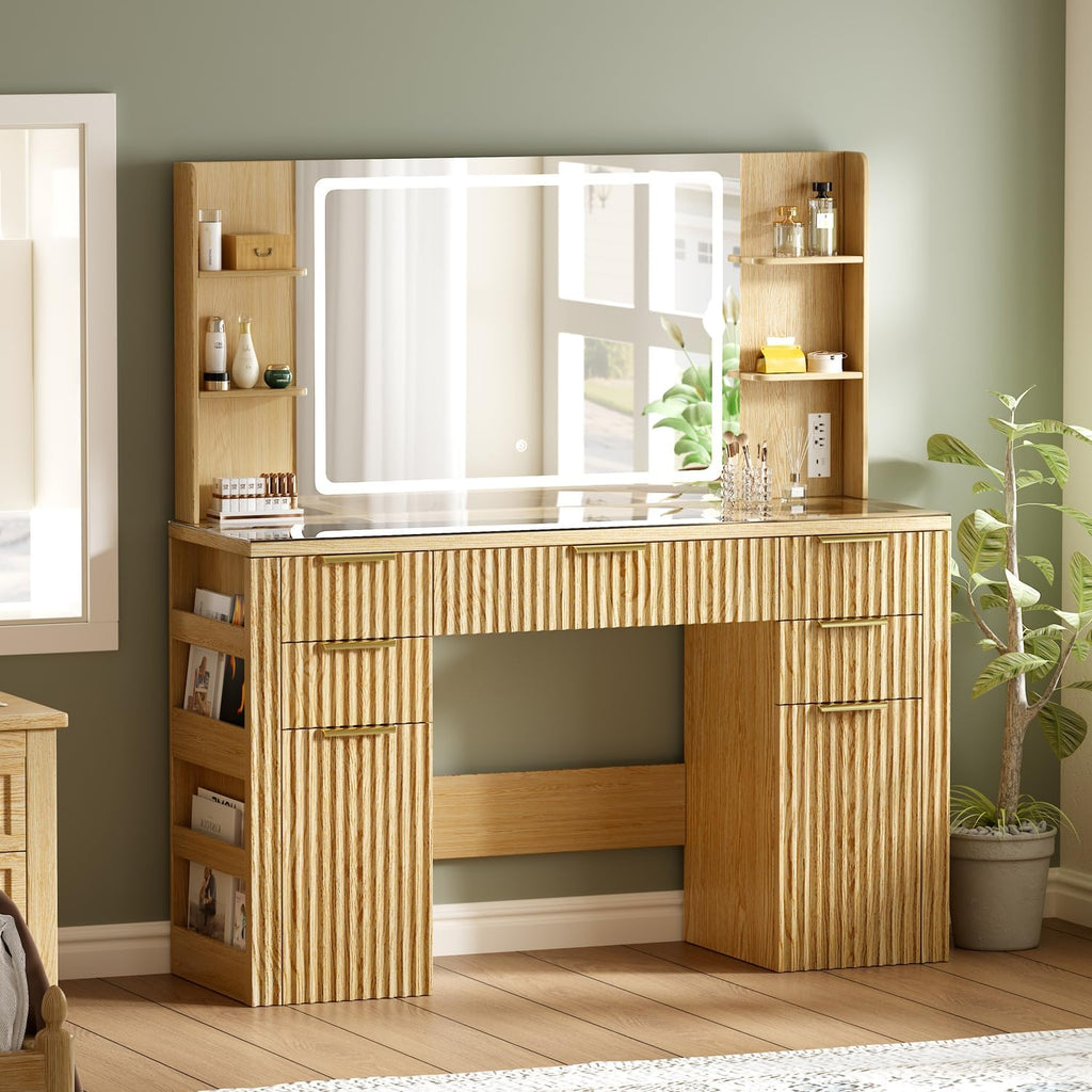 47.2" Fluted Makeup Vanity Desk with Large, 28.7" Mirror and Lights, 5 Drawer Vanity with Power Strip, 6 Open Shelves, 2 Cabinet, Modern Bedroom Vanity Featuring Visual Transparent Glass