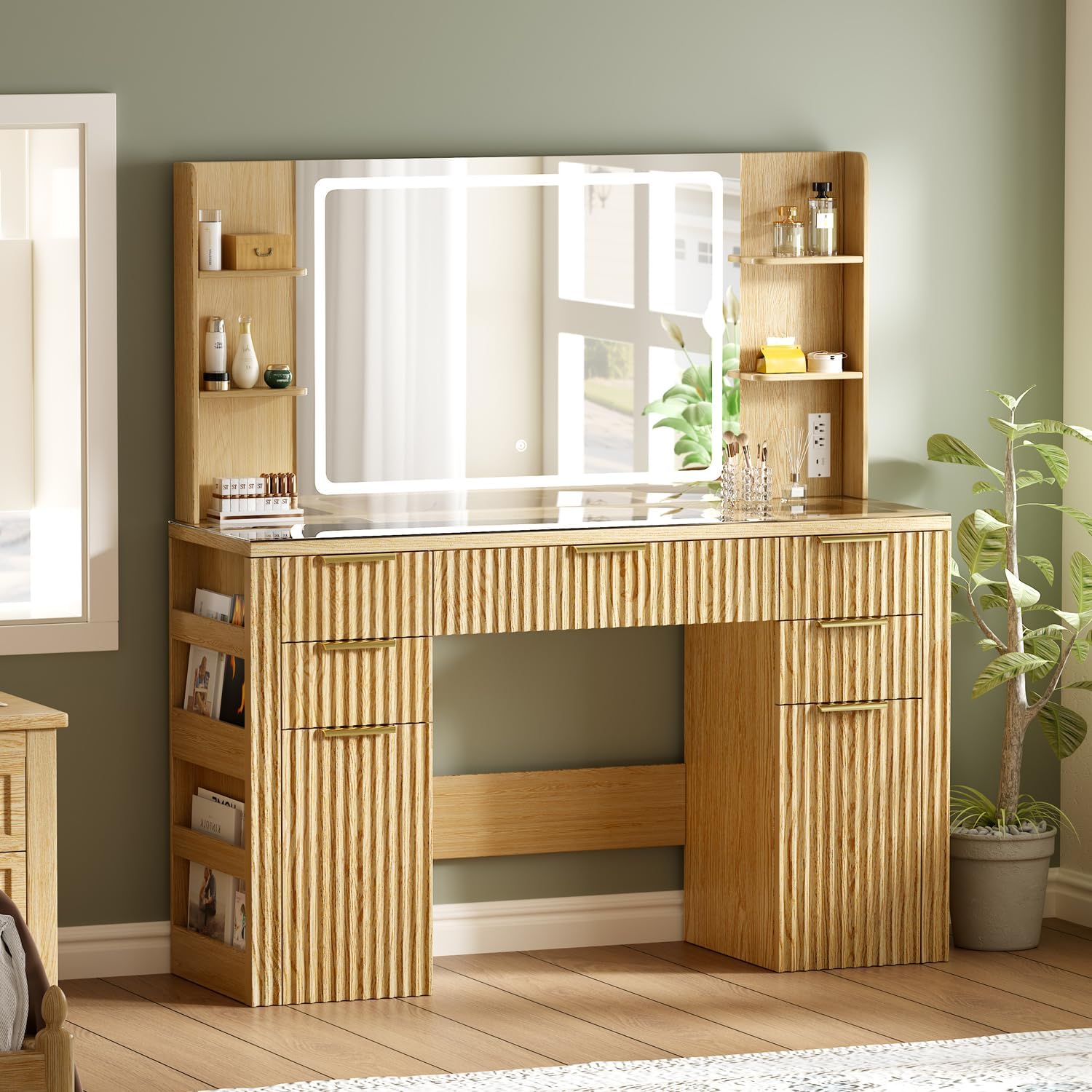 47.2" Fluted Makeup Vanity Desk with Large, 28.7" Mirror and Lights, 5 Drawer Vanity with Power Strip, 6 Open Shelves, 2 Cabinet, Modern Bedroom Vanity Featuring Visual Transparent Glass