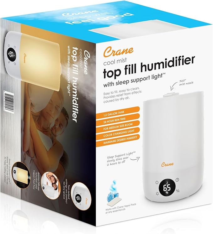 Crane Ultra-Quiet 3-in-1 Humidifier, Essential Oil Aroma Diffuser & Soothing Sleep Light - Compact 1.2 Gallon Capacity with Adjustable Night Light & Fragrance Tray - Ideal for Bedroom and Office