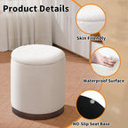 Joveco Round Storage Ottoman with Removable Lid, Boucle Small Upholstered Padded Vanity Foot Rest Stool for Living Room, Bedroom, Dorm, White with Walnut Wood Grain Trim
