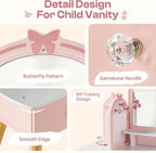 ROBOTIME Pink Kids Vanity Set with Butterfly Mirror Stool Age 3+, 39in×27in | Dress-up and makeup pretend play, butterfly mirror with stool and 2 drawers, builds confidence, birthday gift for age 3+