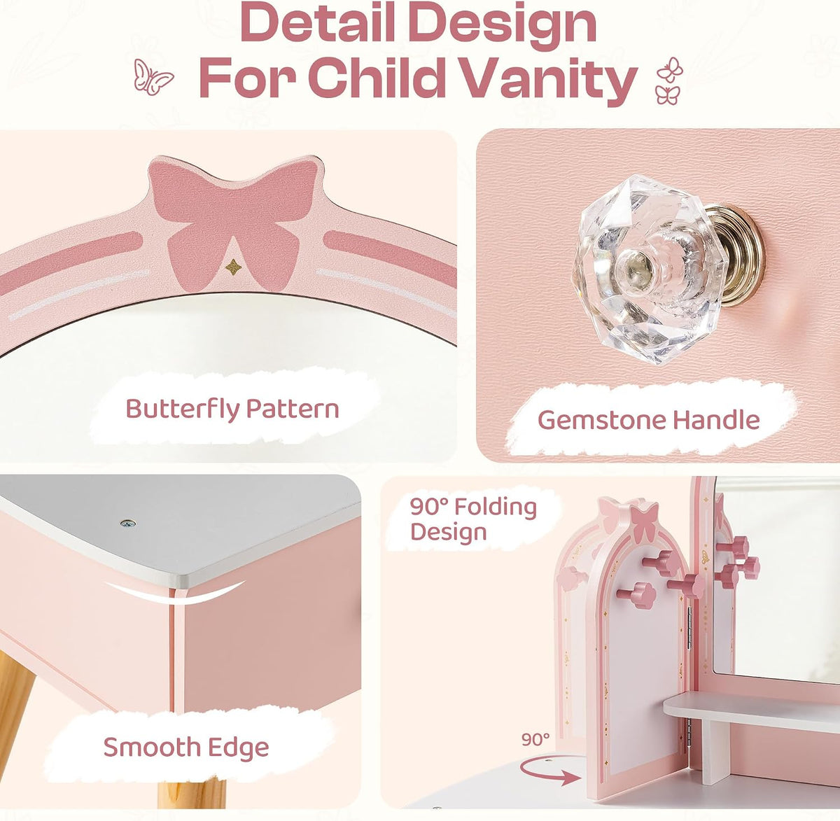ROBOTIME Pink Kids Vanity Set with Butterfly Mirror Stool Age 3+, 39in×27in | Dress-up and makeup pretend play, butterfly mirror with stool and 2 drawers, builds confidence, birthday gift for age 3+