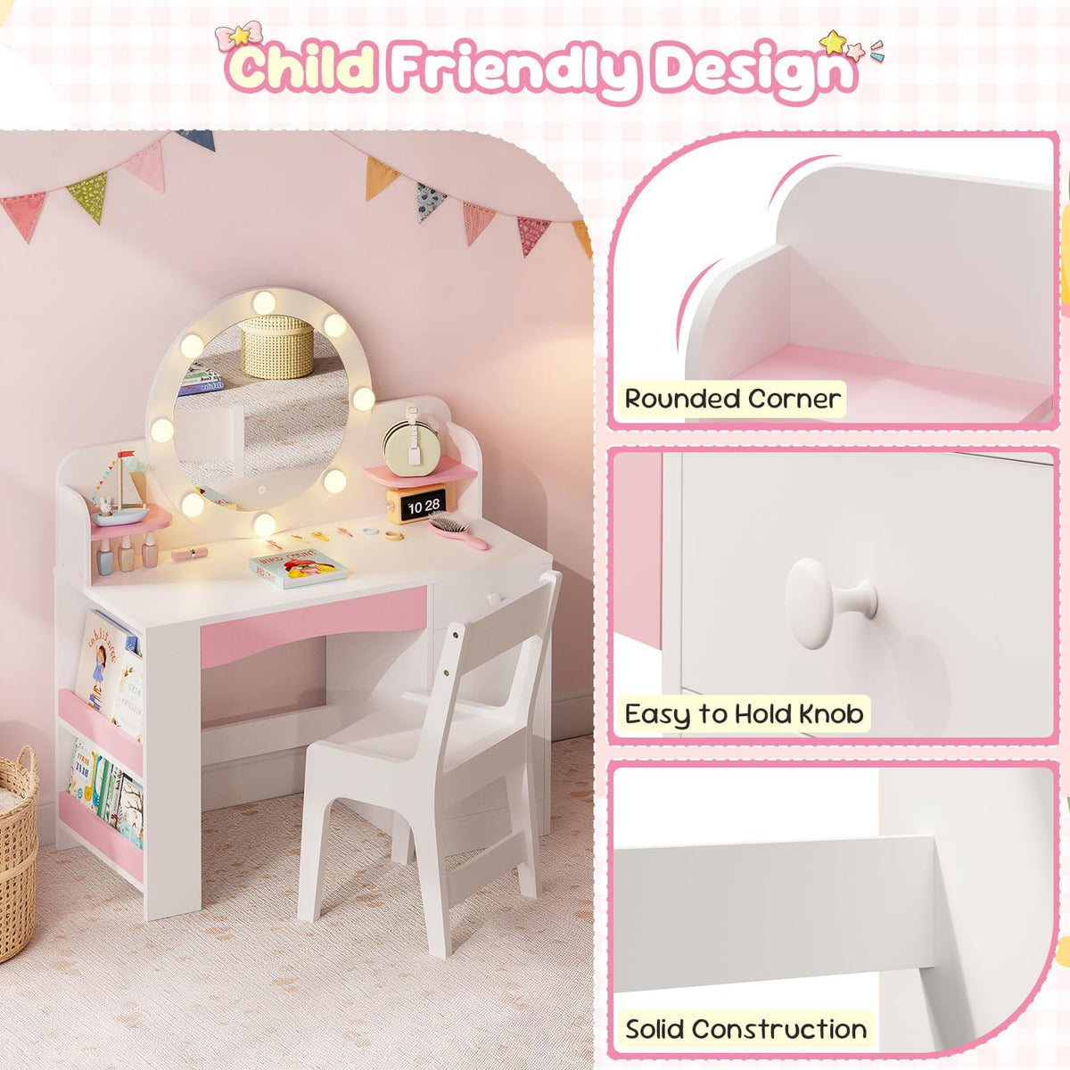 Teckid Kids Vanity Table and Chair Set with Lighted Mirror Storage Drawers Shelves for Little Girls | Open Bookshelf, Shelves, Drawers and Storage Cabinet