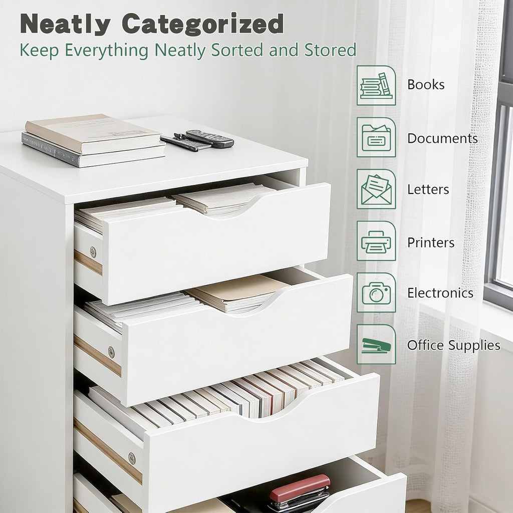 SweetGO 5 Drawer File Cabinet, Under Desk Storage with Drawers, Wood File cabinets for Home Office, Dorms (White)