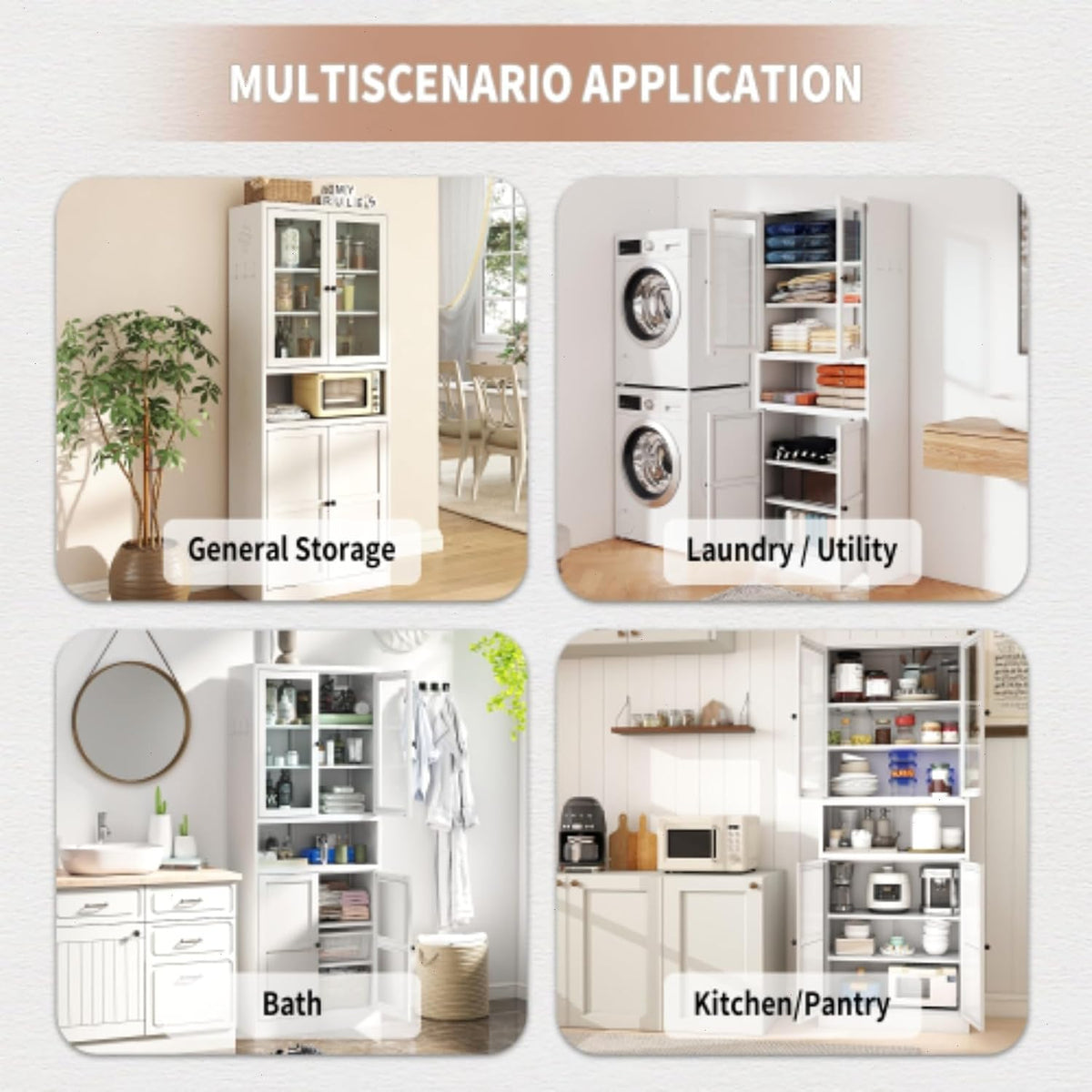 Kitchen Pantry Cabinet,72" White Pantry Storage Cabinet with Adjustable Shelves and Glass Doors,Freestanding Cupboard,Metal Pantry Cabinets with Handle for Living Room Kitchen Assembly Required