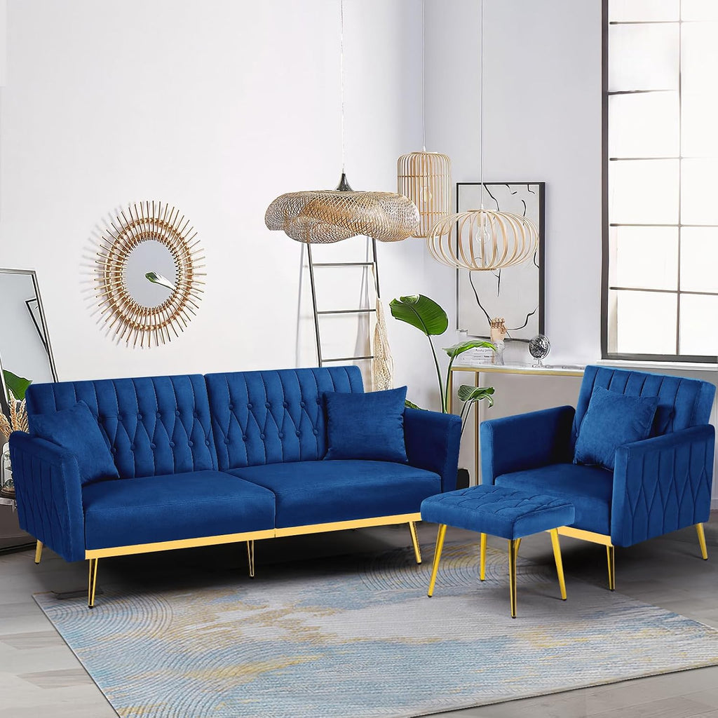 2 Pieces Velvet Sofa Set with Adjustable Armrest and Backrests, Blue | 70” Convertible Futon Sofa Bed & Mordern Accent Chair with Ottoman for Living Room, Bedroom