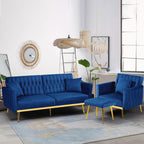 2 Pieces Velvet Sofa Set with Adjustable Armrest and Backrests, Blue | 70” Convertible Futon Sofa Bed & Mordern Accent Chair with Ottoman for Living Room, Bedroom