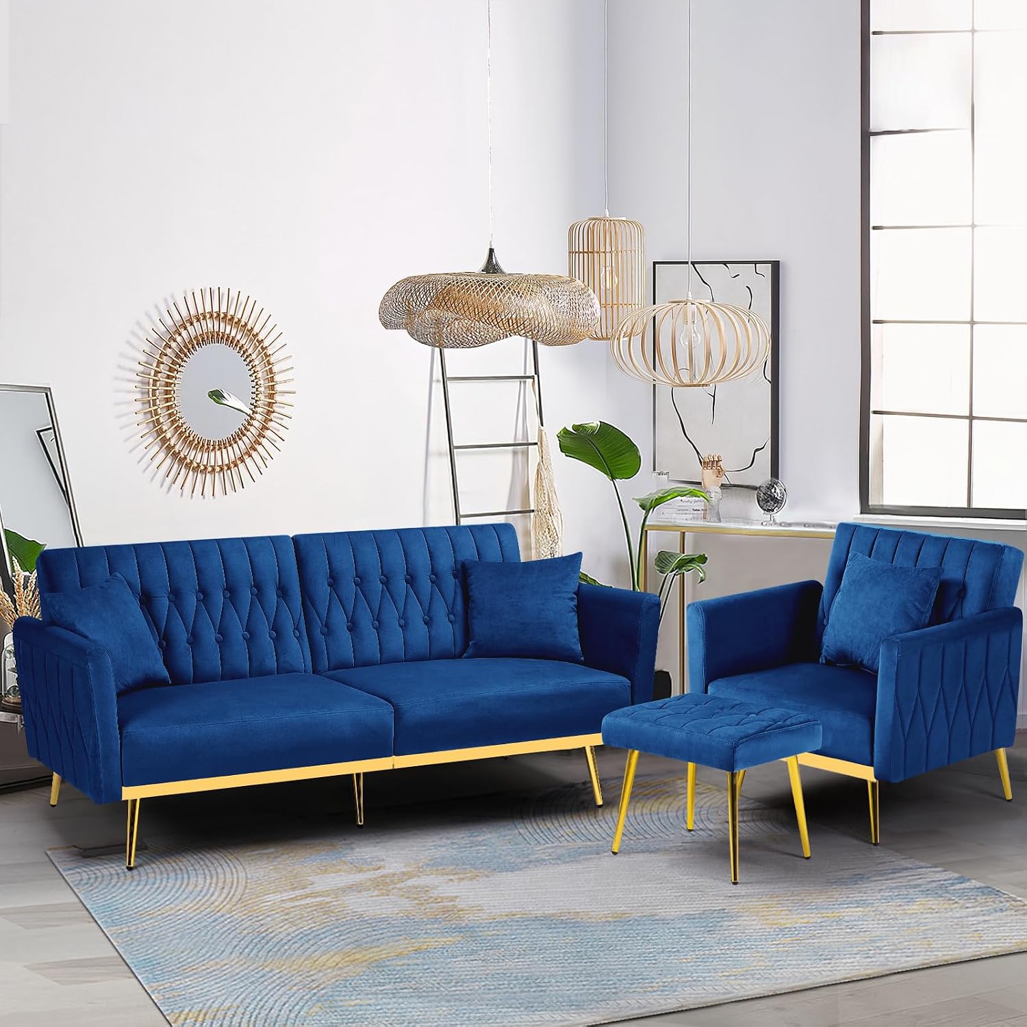 2 Pieces Velvet Sofa Set with Adjustable Armrest and Backrests, Blue | 70” Convertible Futon Sofa Bed & Mordern Accent Chair with Ottoman for Living Room, Bedroom