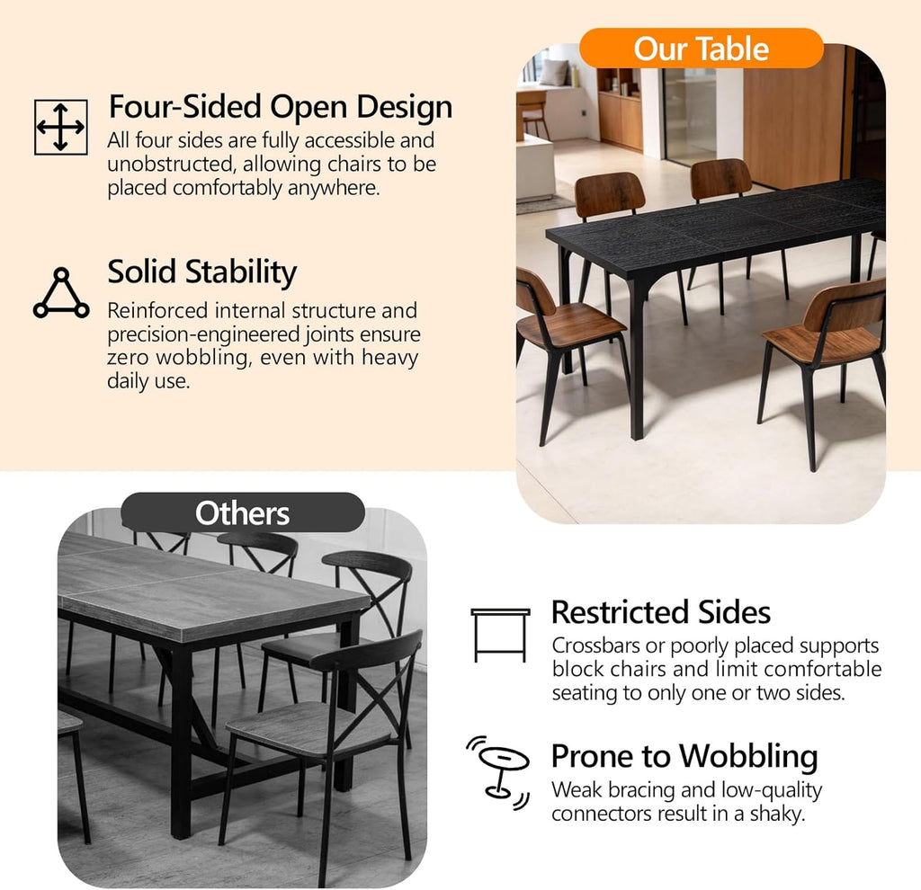 VINGLI Large Dining Table for 8, 70.8in Long Kitchen Table, Rectangular Dinner Table for Dining Room, Farmhouse Wood Kitchen Table for Family Home Office, Black