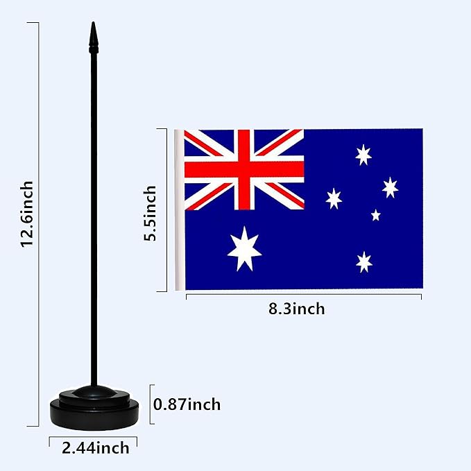 Australia Australian Deluxe Desk Flag Set Small Mini Miniature Australia Australian Table Desktop Flags With Solid Pole, Black Base and Spear Top(2 Pack)