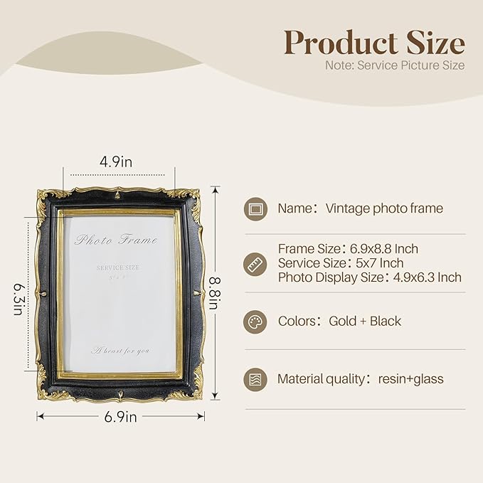 Cuspin Vintage Picture Frame 5x7 Black and Gold Frame, Ornate Textured Hand-Crafted Resin Photo Frames with Glass Front, Decorative Picture Frame for Wall & Tabletop, Antique Frame Home Decor