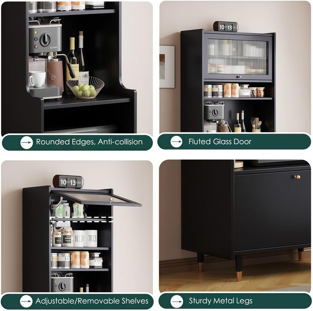 Kavie Solid Wood Kitchen Pantry Cabinet, Narrow Tall Sideboard with Acrylic Doors & Appliance Space, Modern Vintage Tea Station (Black,19.6" L*15.7" W*68.5" H)
