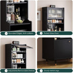 Kavie Solid Wood Kitchen Pantry Cabinet, Narrow Tall Sideboard with Acrylic Doors & Appliance Space, Modern Vintage Tea Station (Black,19.6" L*15.7" W*68.5" H)