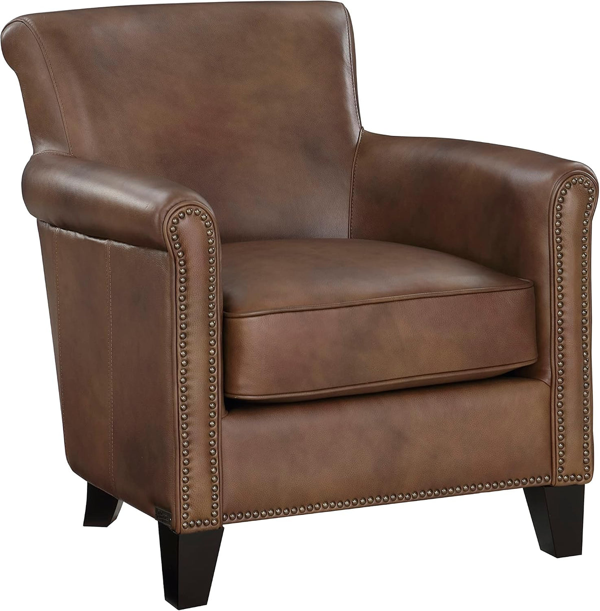 Lexicon Top Grain Genuine Leather Chair, Rolled Armrest, Classic Brown | Living Room Leather Accent Chair, Solid Wood Frame, Nailhead Trim, Comfy Reading Chair for Bedroom, Office