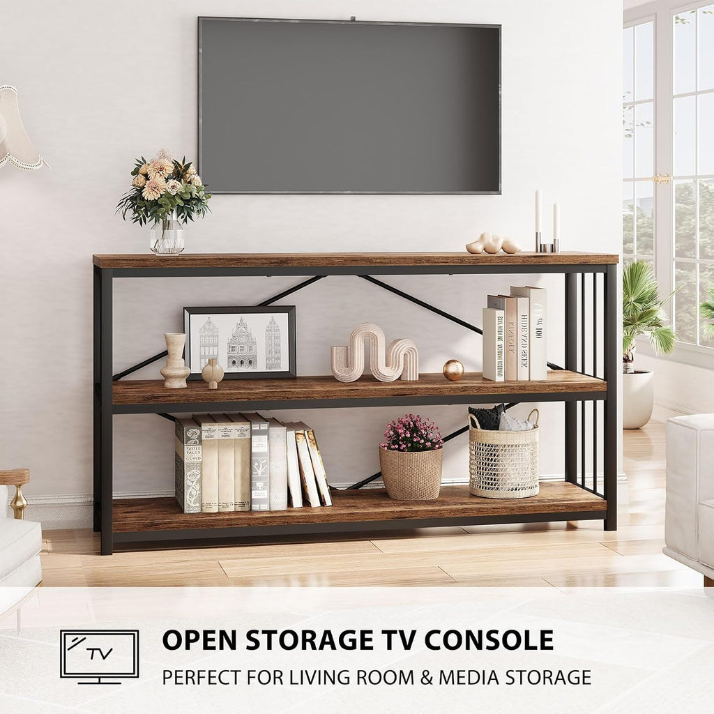 LVB Industrial Console Entryway Table, Metal Wood Rustic Brown, 55 in | Farmhouse 3 Tier Shelf Long Hallway Foyer Entry Tables Behind Couch, Sofa Table for Home Living Room Entryway