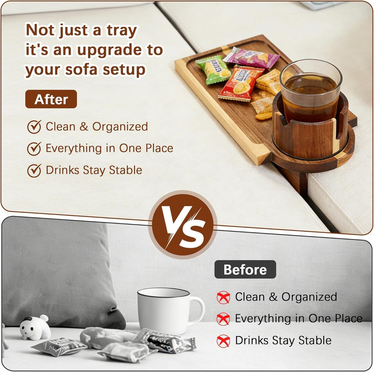 Solid Acacia Wood Couch Cup Holder Tray for Sofa Gap, 3-in-1 Couch Caddy with 360° Rotating Cup Holder, Couch Tray Alternative for Firm Cushions, Snacks, Remote & Phone