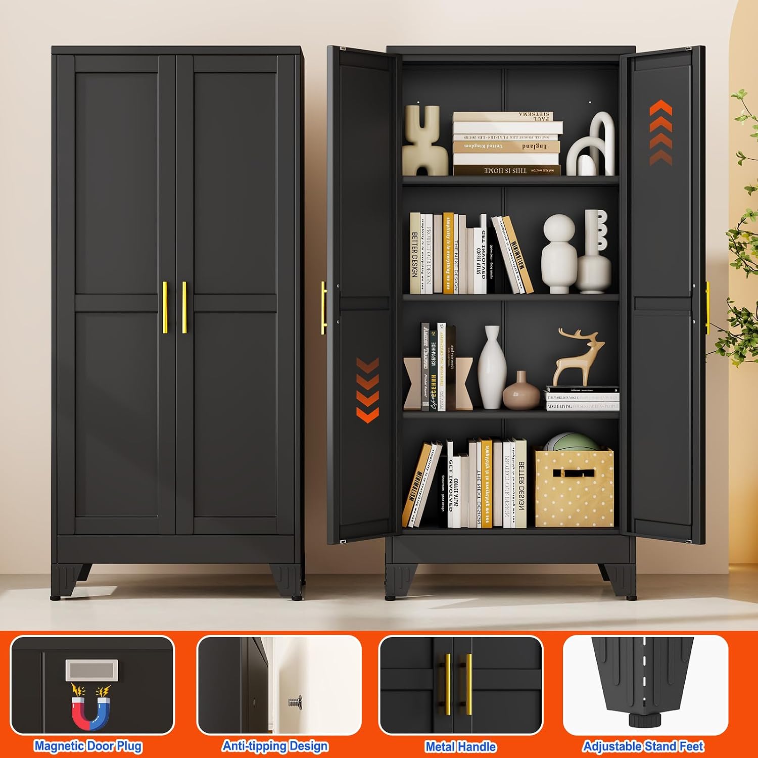 GAIOUS 61''Tall Metal Garage Storage Cabinet,File Cabinet with Door and Adjustable Shelves, Outdoor Steel Tool Cabinet for Home,Office,Warehouse,Garage,Black