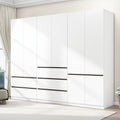 Armoire Wardrobe Closet with Drawers：75" Large White Wardrobe Closet Cabinet with 6 Doors for Hanging Clothes, Modern Wooden Bedroom Armoires with 5 Drawers and Storage (A+B+C, 94.5")