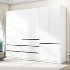 Armoire Wardrobe Closet with Drawers：75" Large White Wardrobe Closet Cabinet with 6 Doors for Hanging Clothes, Modern Wooden Bedroom Armoires with 5 Drawers and Storage (A+B+C, 94.5")