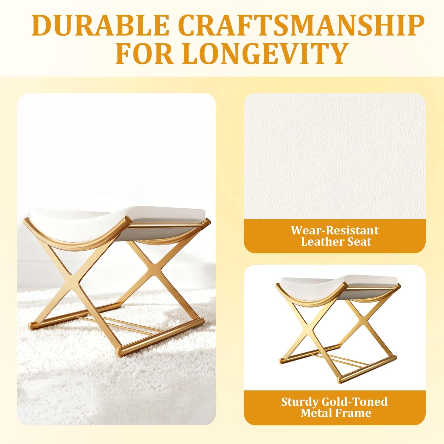 Vanity Stool No Assembly Required - Modern Makeup Chair with Champagne Gold X-Frame, Microfiber leatherCushioned Seat for Bedroom, Bathroom - Off-White Small Ottoman Bench