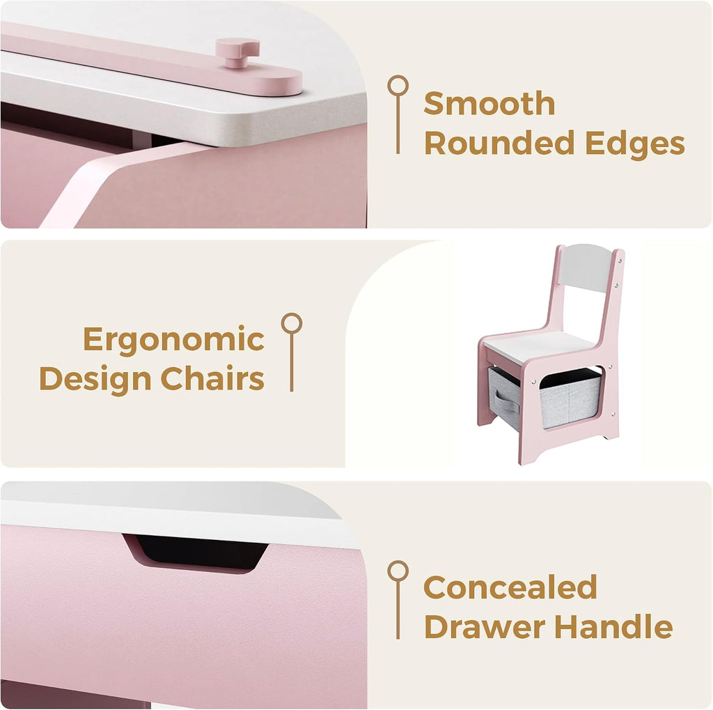 5-in-1 Kids Art Table and Chairs Set, Convertible Toddler Table and Chair Set with Art Easel, Paper Roll Holder, Storage Drawers and Craft Play Desk, Wooden Activity Learning Table for Kids, Pink