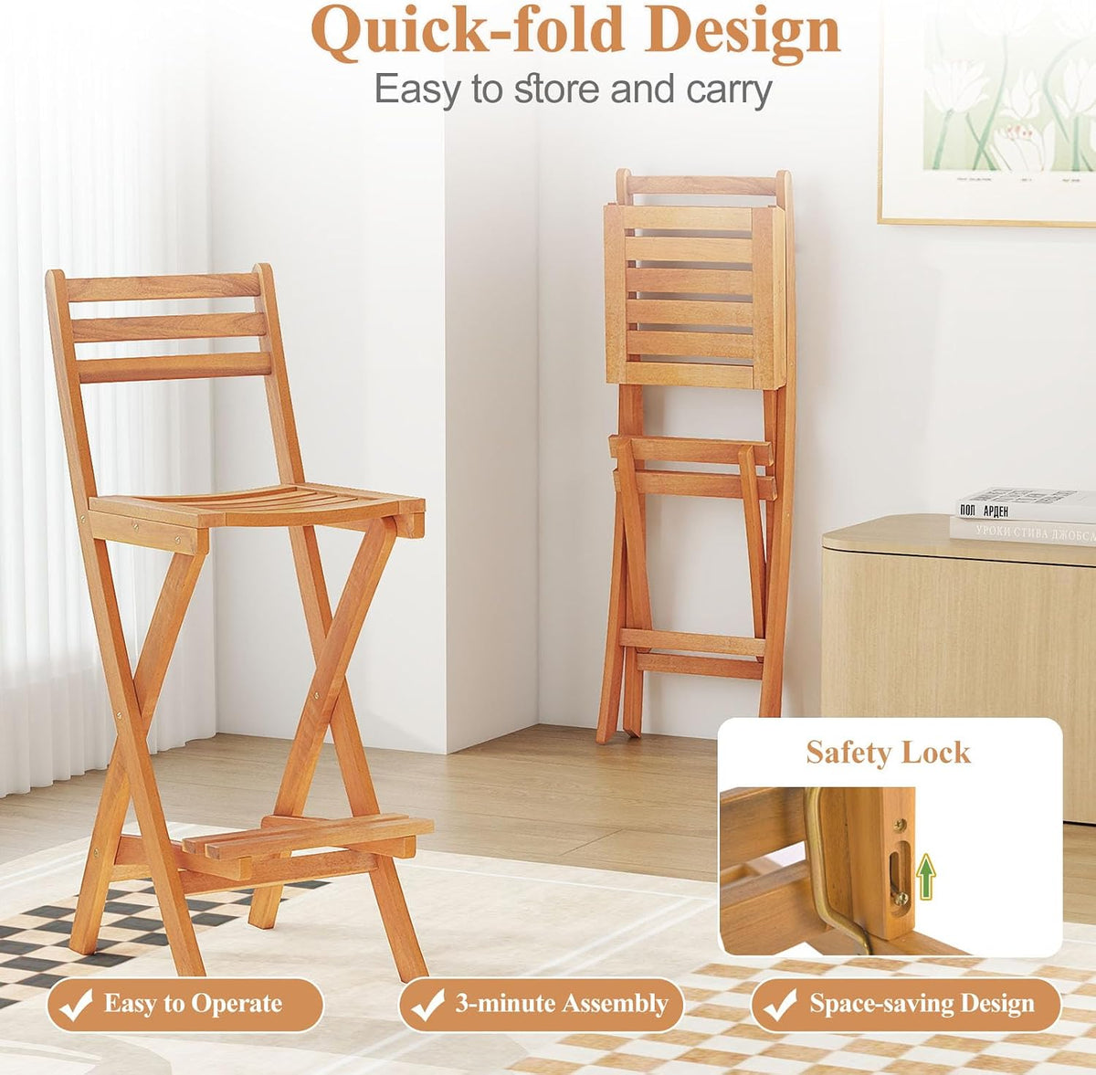 COSTWAY Outdoor Folding Bar Stool, Acacia Wood High Top Chairs with Slatted Backrest, Safety Lock, Space-Saving Patio Barstools for Backyard, Poolside, Garden, Balcony