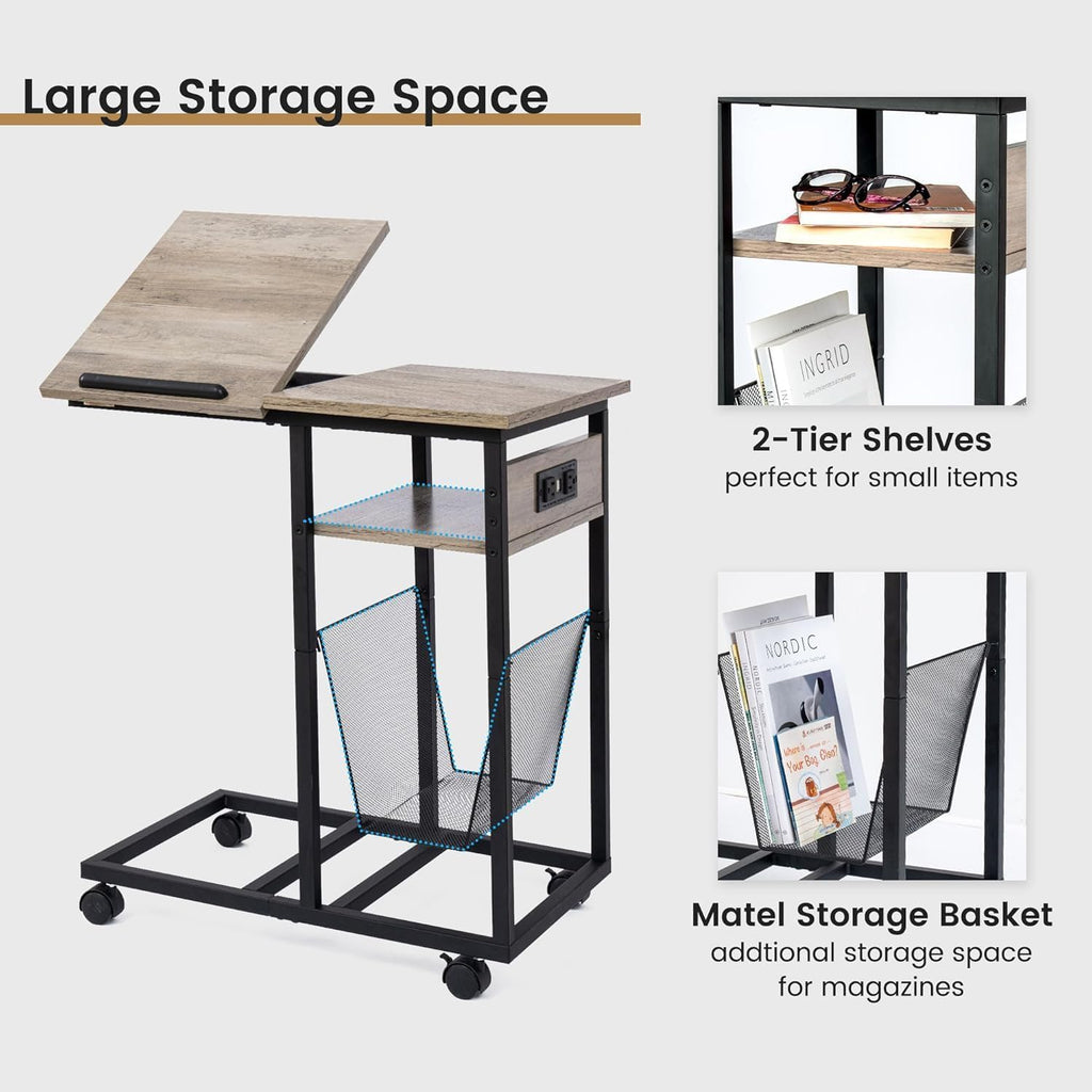 FLYJOE End Table C Shape with Charge Station, Tilting Top Side Table with Magazine Holder and Lockable Wheels, Easy Assembly for Living Room, Bedroom, Industrial Style, Grey