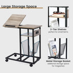 FLYJOE End Table C Shape with Charge Station, Tilting Top Side Table with Magazine Holder and Lockable Wheels, Easy Assembly for Living Room, Bedroom, Industrial Style, Grey