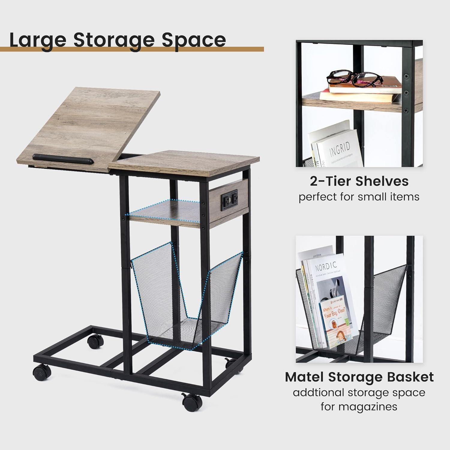 FLYJOE End Table C Shape with Charge Station, Tilting Top Side Table with Magazine Holder and Lockable Wheels, Easy Assembly for Living Room, Bedroom, Industrial Style, Grey