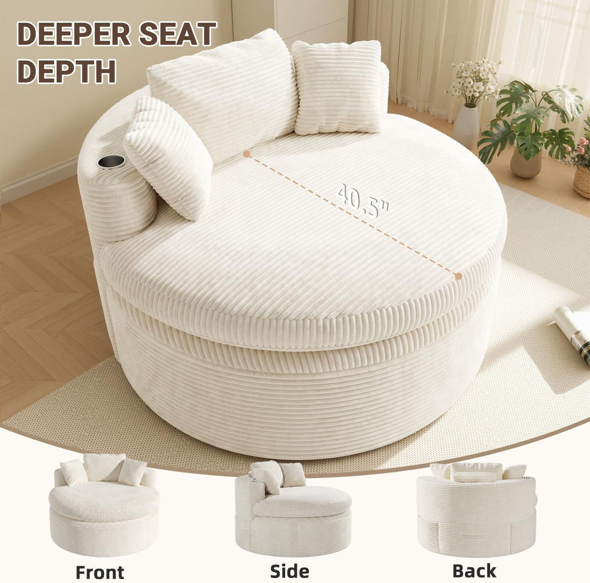 Oversized Round Chair Lounge Chaise Indoor, 58'' Modern Upholstered Corduroy Deep Seat Cloud Sofa Bed, No Assembly Required Floor Chair with 3 Pillows for Living Room, Bedroom, Reading, Beige