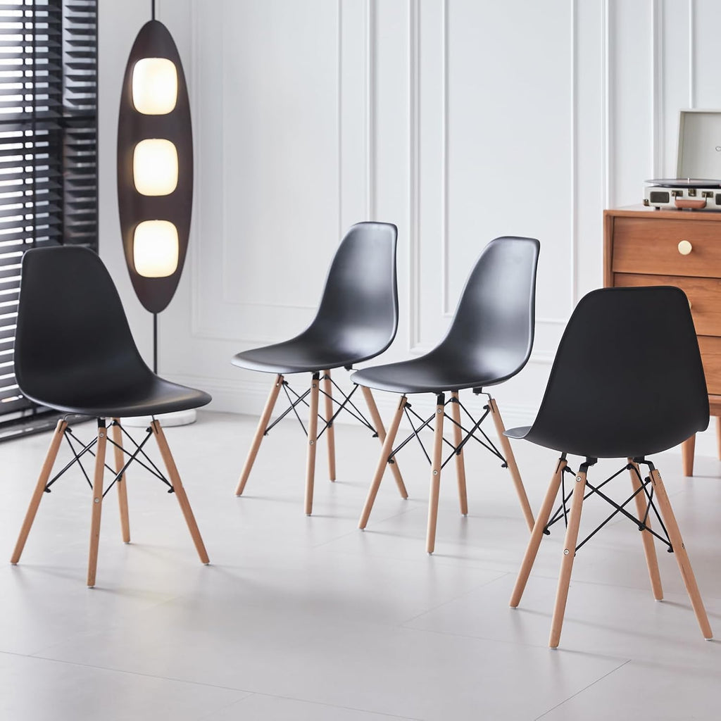 Dining Chairs Set of 4, Modern Plastic Kitchen Chairs with Beech Wood Legs for Dinner Living Waiting Room Bedroom, Black