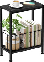 Narrow Side Table, Skinny End Tables with Magazine Holder, Small Sofa Table for Small Spaces, Space-Saving Design, Slim Nightstand Bedside Table for Living Room, Bedroom, Office, Black