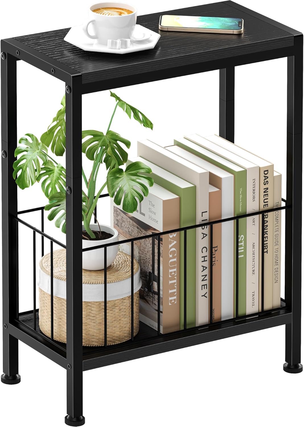 Narrow Side Table, Skinny End Tables with Magazine Holder, Small Sofa Table for Small Spaces, Space-Saving Design, Slim Nightstand Bedside Table for Living Room, Bedroom, Office, Black