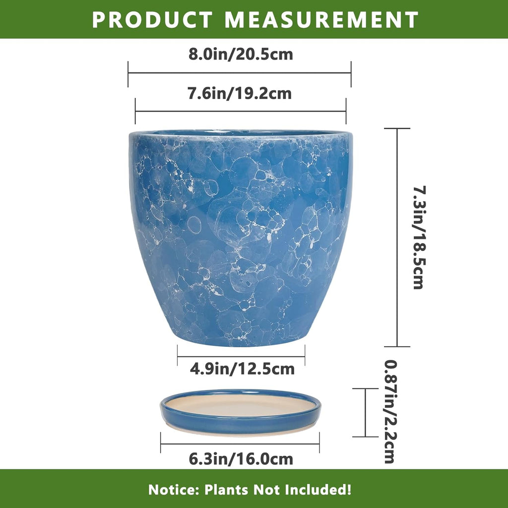 8 Inch Plant Pot - Ceraimc Planter for Indoor Outdoor Plants, Round Flower Pot with Drainage and Saucer, Decorative Planter, Porch Room Office House Decor, Gardening Gifts for Women, Blue
