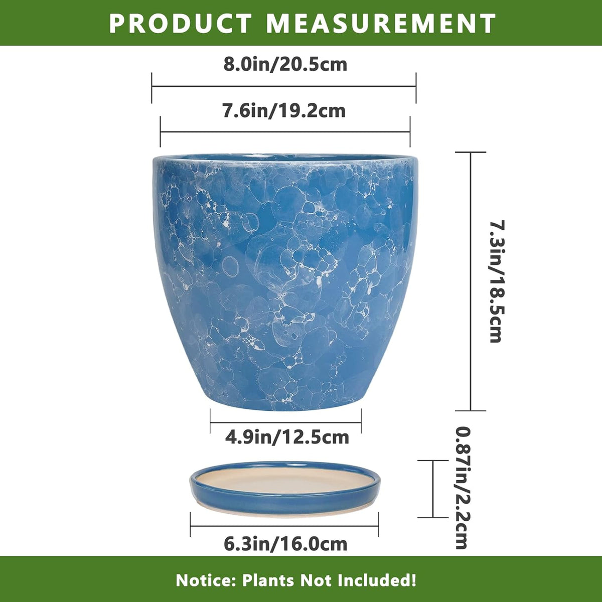 8 Inch Plant Pot - Ceraimc Planter for Indoor Outdoor Plants, Round Flower Pot with Drainage and Saucer, Decorative Planter, Porch Room Office House Decor, Gardening Gifts for Women, Blue