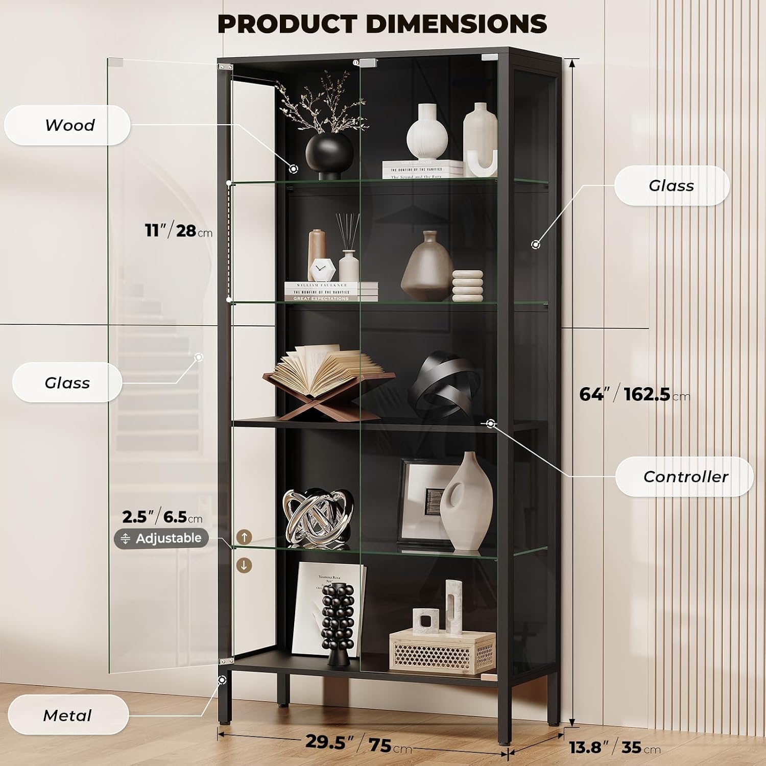 Glass Display Cabinet, 5-Tier Display Case with Adjustable Glass Shelves, Metal Curio Cabinet with 3 Color Lights for Collectibles, Bookcase with Human Body Sensor, Black