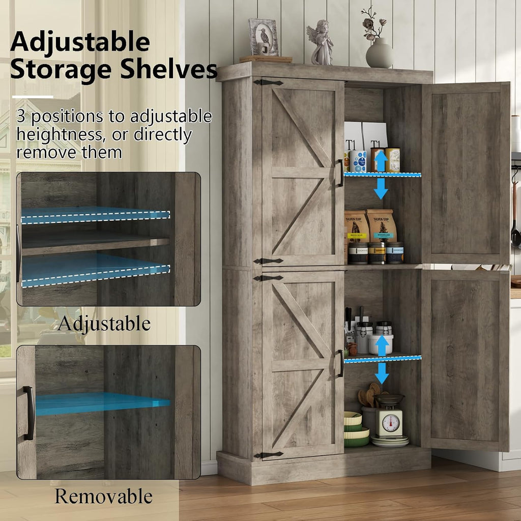 Farmhouse Kitchen Pantry Cabinet,69.1" Tall Kitchen Storage Cabinet with Adjustable Shelf,Modern Bathroom Storage Cabinets,Freestanding Floor Cabinets Cupboard for Living Room,Dining Room (Retro Grey)