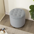 Adeco Round Storage Ottoman with Wheels, Tufted Linen Upholstered Rolling Footstool & Foot Rest for Living Room, Bedroom, Light Gray, 17.3 Inch