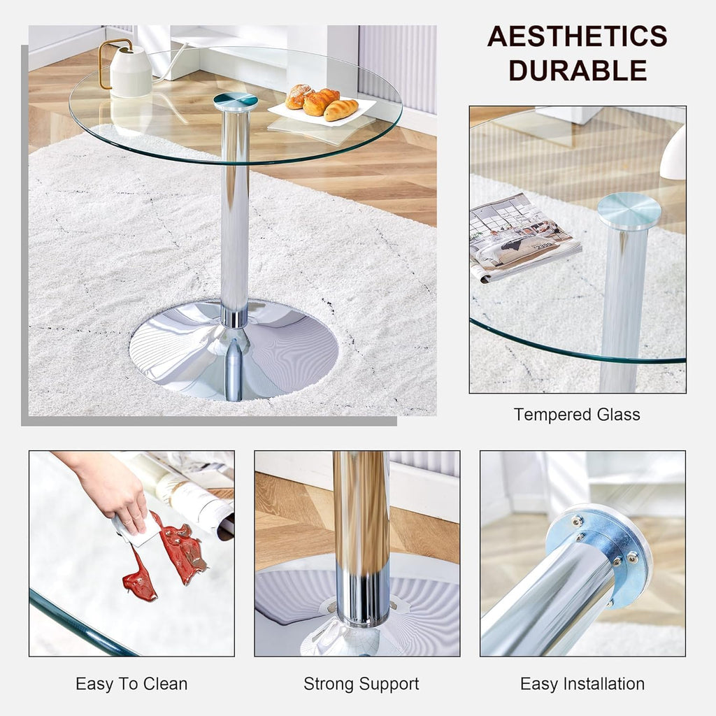 3 Pecies Round Glass Dining Table Set for 2, Small Circle Kitchen Table with Metal Base and White Upholstered Seat High Back PU Leather Chairs, Modern Dining Table and Chairs for livingroom