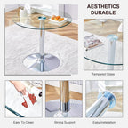3 Pecies Round Glass Dining Table Set for 2, Small Circle Kitchen Table with Metal Base and White Upholstered Seat High Back PU Leather Chairs, Modern Dining Table and Chairs for livingroom