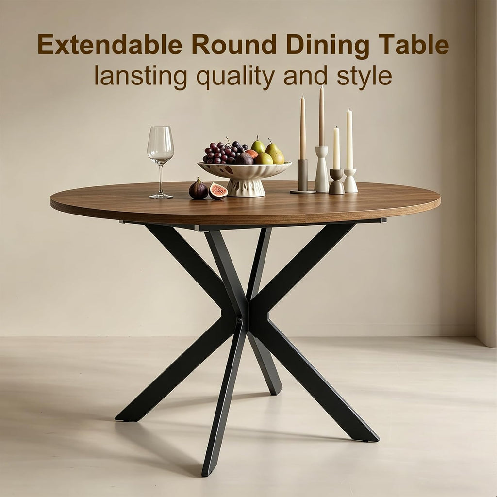 mikibama 54" Extendable Round Dining Table for 4-6, Modern Oval Kitchen Table with Metal Legs & Faux Wood Grain Top, Space Saving Expandable Dining Room Table for Small Space, Easy Assembly, Walnut