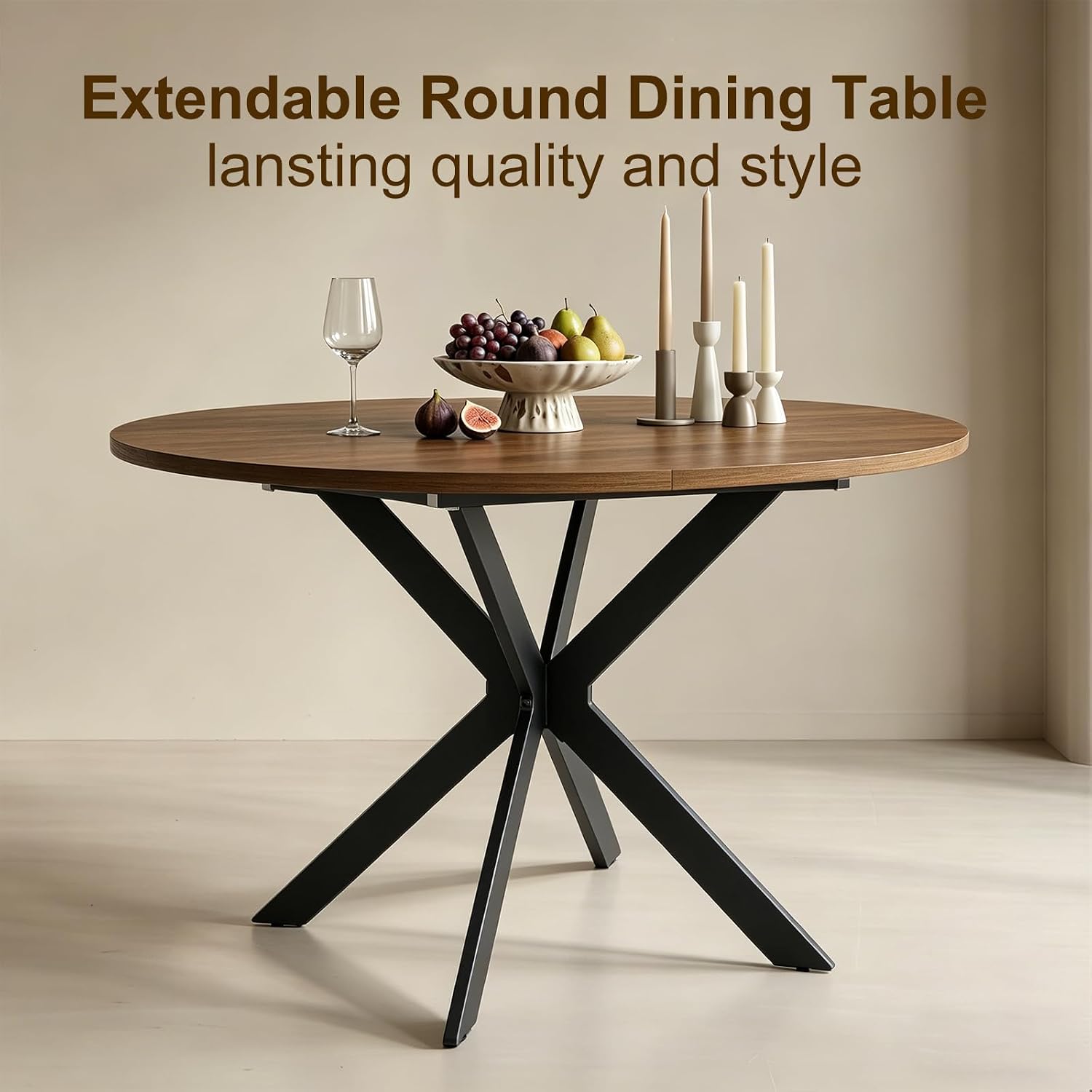 mikibama 54" Extendable Round Dining Table for 4-6, Modern Oval Kitchen Table with Metal Legs & Faux Wood Grain Top, Space Saving Expandable Dining Room Table for Small Space, Easy Assembly, Walnut