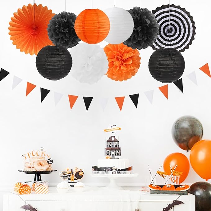 Orange-Black White Party-Decorations Paper-Flowers Lanterns - 20PCS Halloween Tissue Pom Poms Streamers Fans Honeycomb, Vintage Baby Shower Birthday Retro Bachelorette Hanging Supplies Decor Burgleda